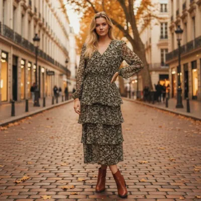 Msk Floral Long Sleeve Tiered Midi Dress In Olive In Green