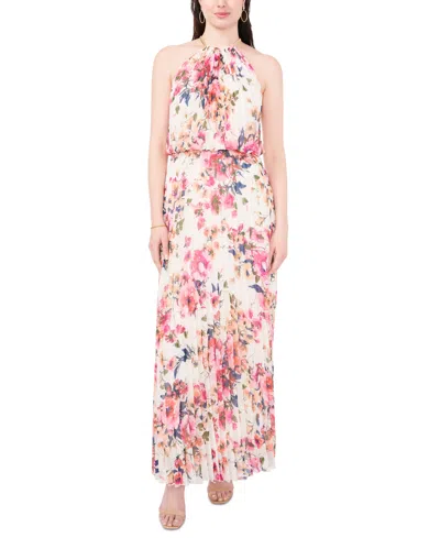 Msk Floral Print Pleated Dress In White,pink