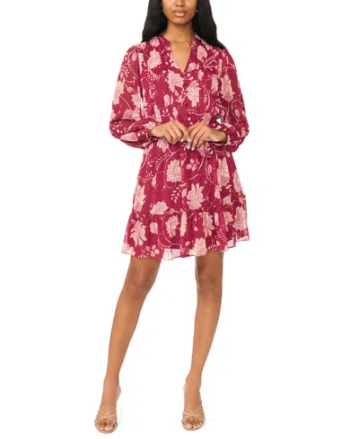 Msk Petite Belted Short-sleeve Chiffon Shirt Dress In Wine