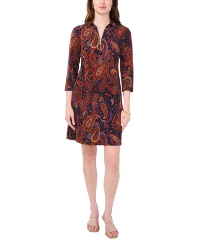 Msk Petite Collared 3/4-sleeve Jersey Shift Dress In Multi