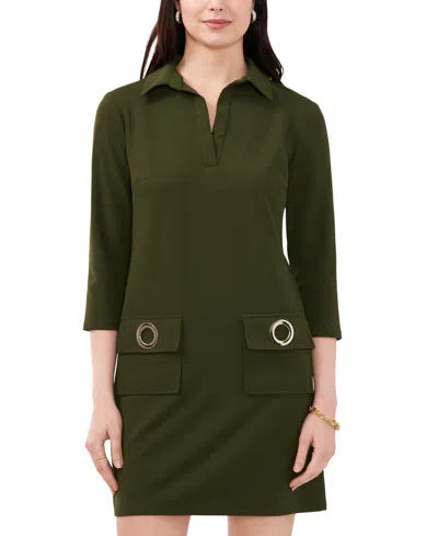 Msk Petite Collared Neck Scuba Crepe Shift Dress In Dark Green