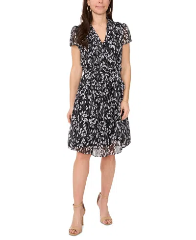 Msk Petite Collared Printed Chiffon Fit & Flare Dress In Black