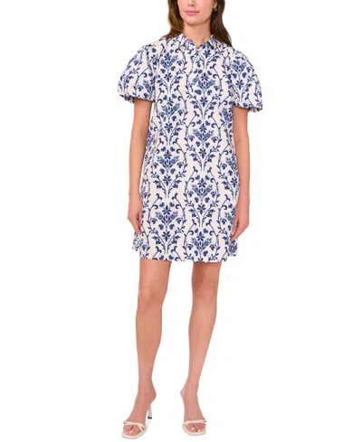 Msk Petite Cotton Floral Puff-sleeve Shift Dress In Beacon Blue