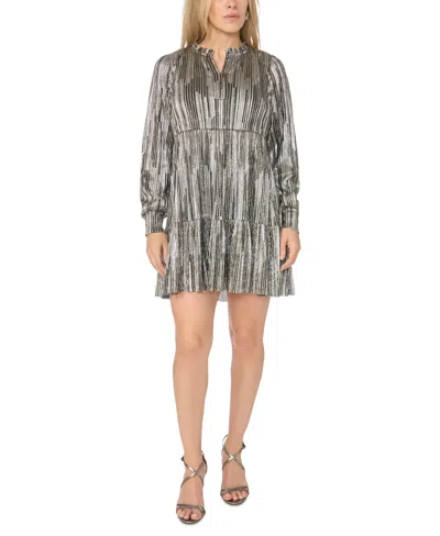 Msk Petite Crinkle Foil F&f Metallic Long-sleeve Fit & Flare Dress In Gray