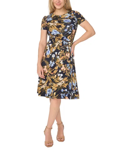 Msk Petite Cross Front Floral A-line Midi Dress In Indigo Night