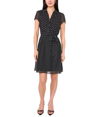 Msk Petite Dot-print Tie-waist Split-neck A-line Dress In Black White