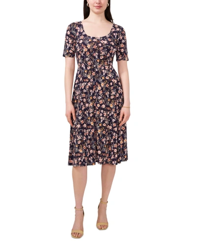 Msk Petite Floral Elbow-sleeve Pullover Midi Dress In Navy,pink