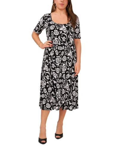 Msk Petite Floral Elbow-sleeve Pullover Midi Dress In Rich Black
