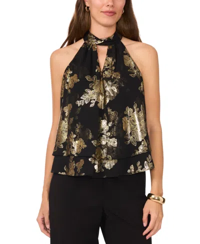 Msk Petite Floral Metallic Sleeveless Keyhole Top In Black,gold