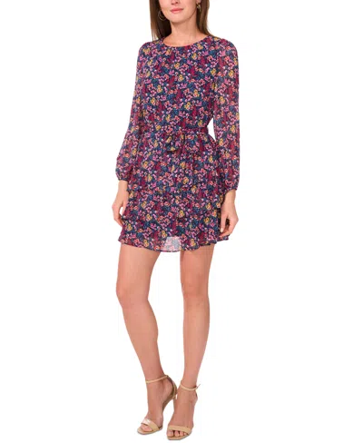 Msk Petite Floral Print Blouson-sleeve Fit & Flare Dress In Navy Gren Pink