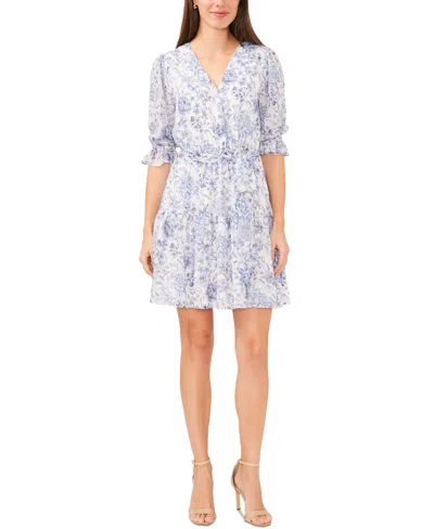 Msk Petite Floral Print Blouson-sleeve Fit & Flare Dress In Soft Indigo
