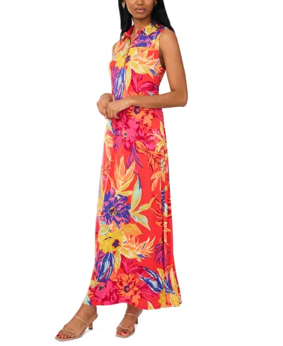 Msk Petite Floral-print Collared O-ring Maxi Dress In Poppy Red