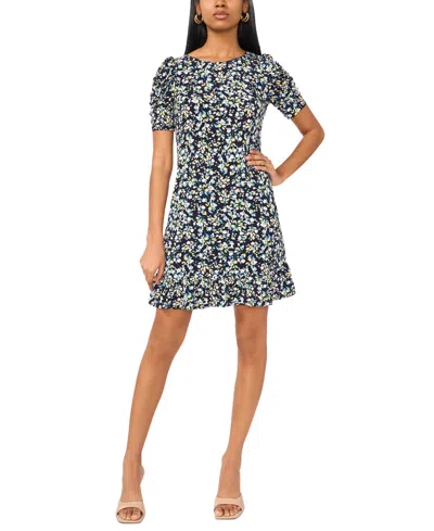 Msk Petite Floral-print Puff-sleeve Shift Dress In Navy Yellow Periwinkle