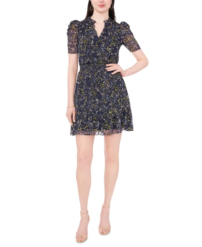 Msk Petite Floral Print Ruched Sleeve Fit & Flare Dress In Denim,yellow