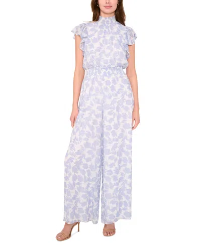Msk Petite Floral Smocked-waist Flutter-sleeve Jumpsuit In Rainwashed