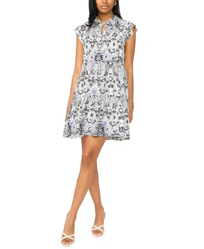Msk Petite Flutter-sleeve Tie-neck Printed Dress In Multi