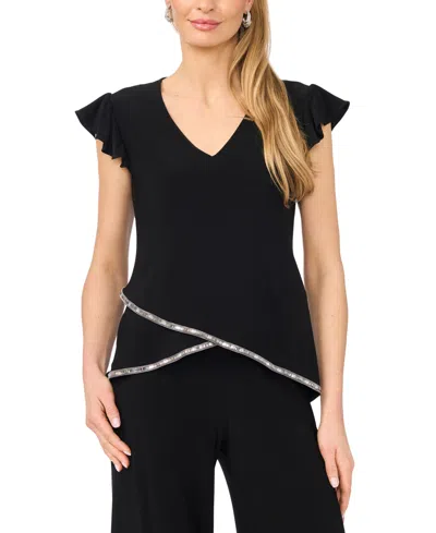 Msk Petite Flutter-sleeve V-neck Top In Black
