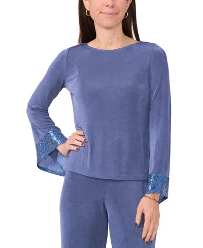 Msk Petite Jersey-knit Contrast-cuff Long-sleeve Top In Dusty Blue