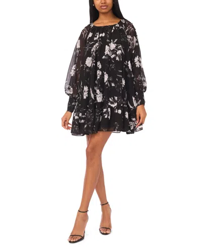 Msk Petite Long-sleeve Printed Short Shift Dress In Black