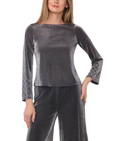 Msk Petite Long-sleeve Rhinestone Top In Gray