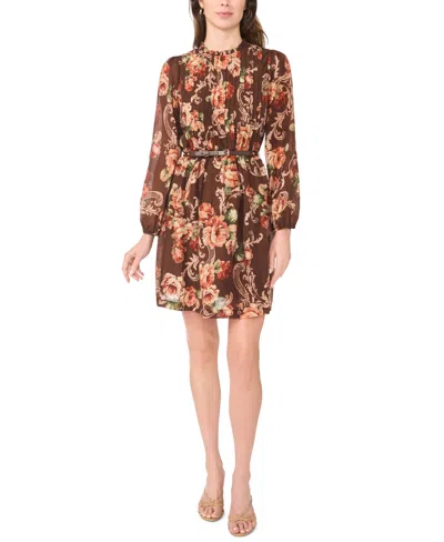 Msk Petite Long-sleeve Floral Fit & Flare Chiffon Dress In Brown Multi