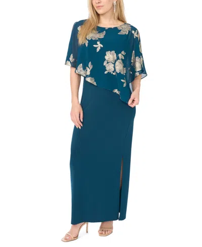 Msk Petite Metallic Floral-print Crewneck Short-sleeve Maxi Dress In Dark Fern