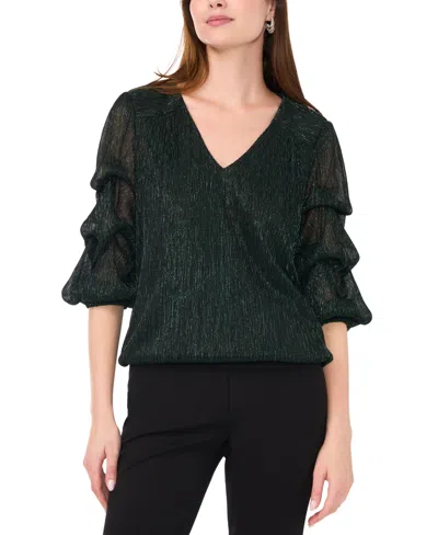 Msk Petite Metallic Lantern-sleeve Top In Black,green