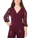 Msk Petite Mixed Media Surplice Neck Sequin Top In Burgundy