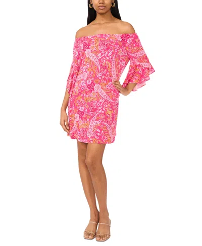 Msk Petite Paisley-print Off-the-shoulder Dress In Pink