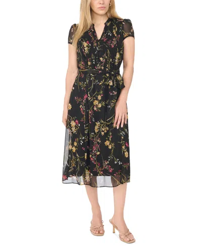 Msk Petite Pintuck Floral-print A-line Midi Dress In Black