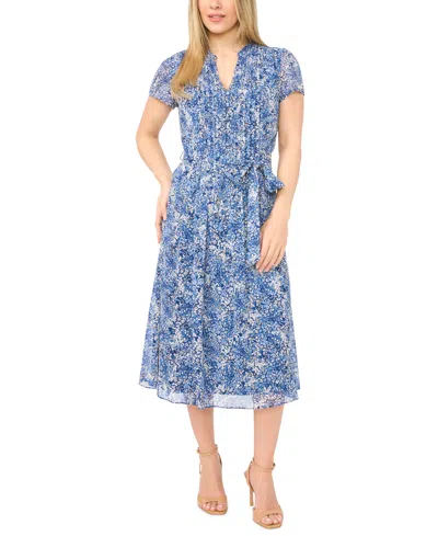 Msk Petite Pintuck Split Neck Midi Shirt Dress In Blue