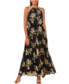 Msk Metallic-print Pleated Blouson Gown In Black