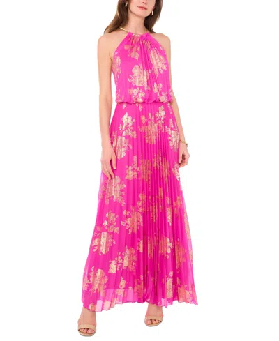 Msk Petite Pleated Gold-print Gown In Fuchsia,gold
