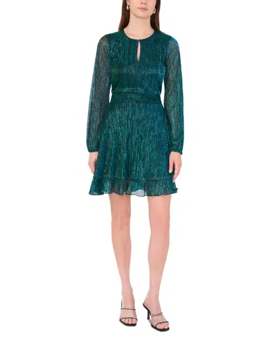Msk Petite Plisse Keyhole-neck Metallic-sheen Dress In Dazzling Jade
