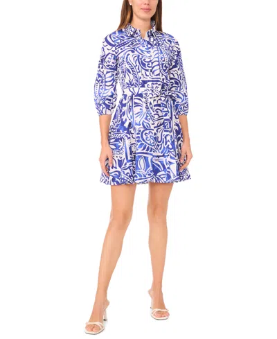Msk Petite Printed Collared Short Shirt Dress In Blue