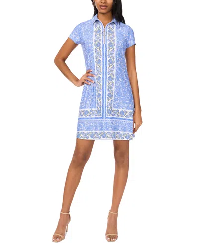 Msk Petite Printed Collared Short-sleeve Shift Dress In Cerulean
