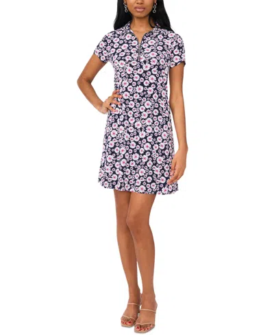 Msk Petite Printed Collared Short-sleeve Shift Dress In Navy Pink