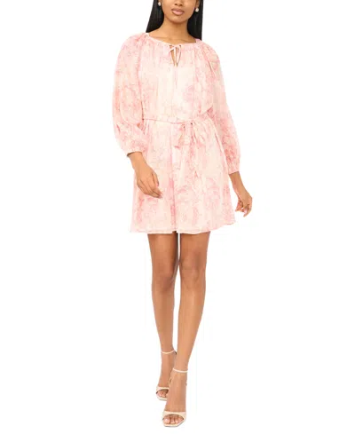 Msk Petite Printed Long-sleeve Round Neck Dress In Pink