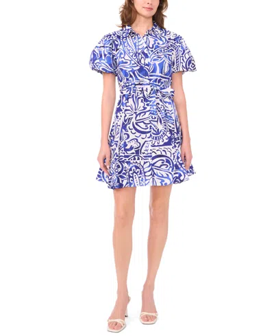 Msk Petite Printed Puff-sleeve Cotton Dress In Multi