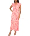 Msk Petite Printed Ruffle-trim Short-sleeve Midi Dress In Peach Multi