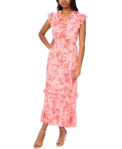 Msk Petite Printed Ruffle-trim Short-sleeve Midi Dress In Peach Multi