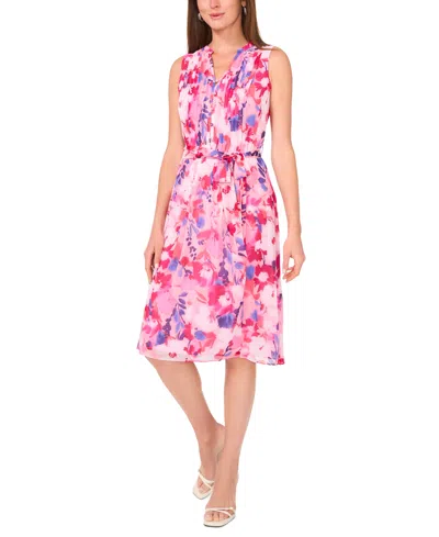 Msk Petite Printed Sleeveless Tie-waist Shirtdress In Pink Cobalt
