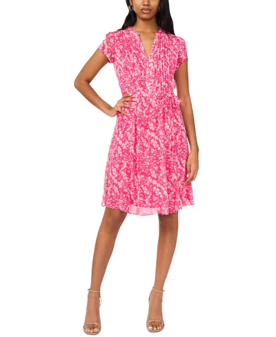 Msk Petite Printed Split-neck Pin-tuck Tie Waist Dress In Ivory