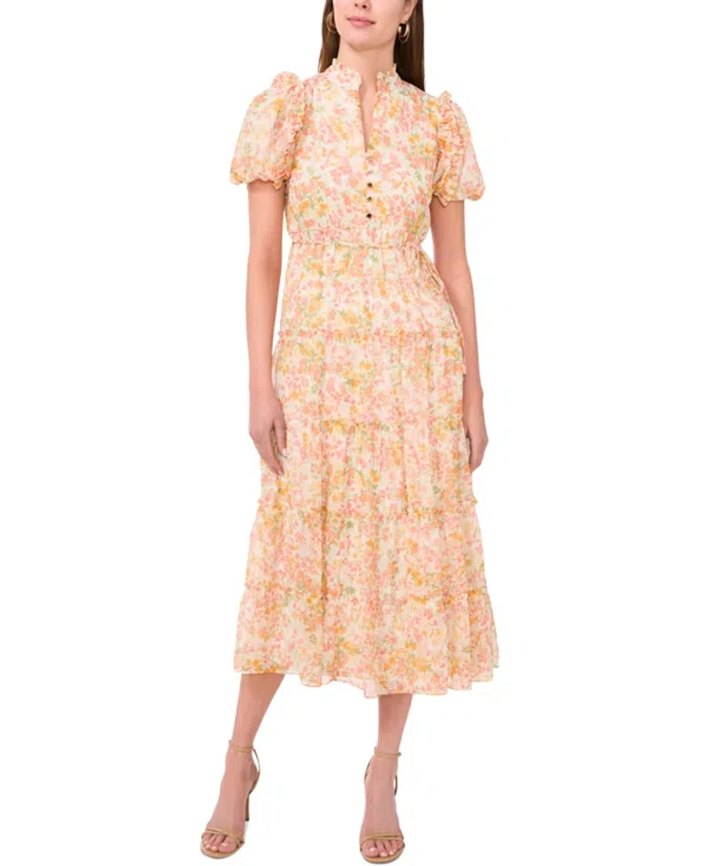 Msk Petite Printed Split-neck Tiered Maxi Dress In Coral Almond | ModeSens