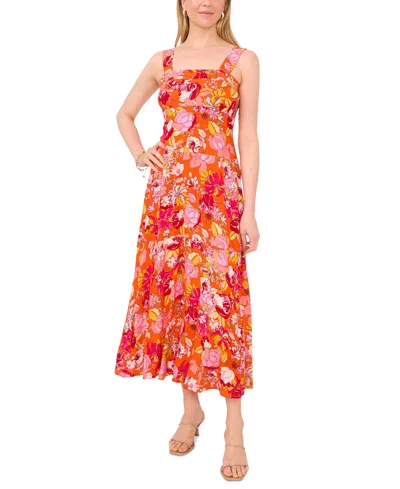 Msk Petite Printed Square-neck Sleeveless Dress In Orange Pink