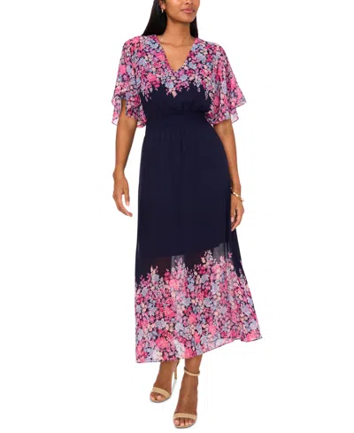 Msk Petite Printed V-neck Flutter-sleeve Smocked-waist Dress In Jbs Navy 4