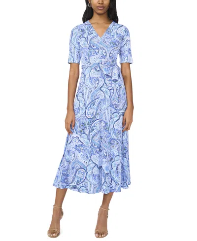 Msk Petite Printed V-neck Short-sleeve Midi Dress In Blue