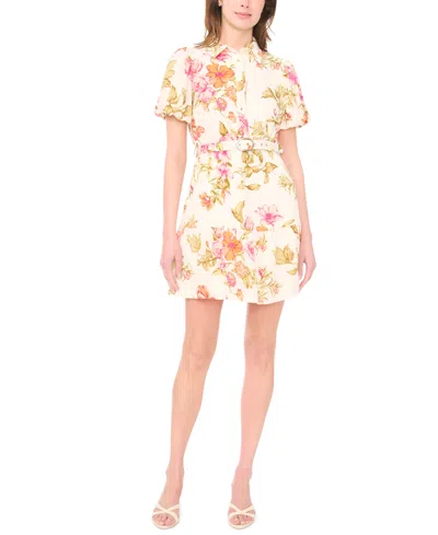 Msk Petite Puff-sleeve Belted Fit & Flare Dress In Multi