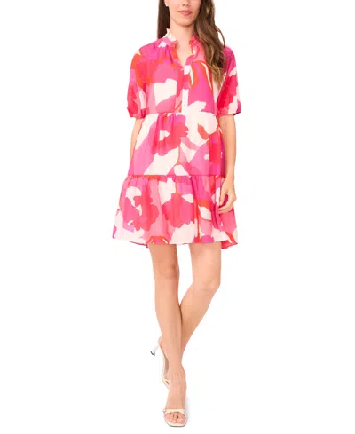 Msk Petite Puff-sleeve Tiered Shift Dress In Multi