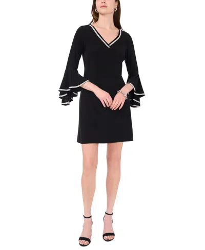 Msk Petite Rhinestone-trim Bell-sleeve Mini Dress In Black